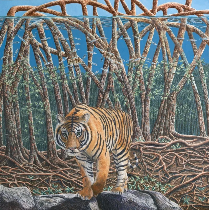An eco-magical realism illustration of a Bengal tiger navigating a changing habitat, from the book Because We Love by Fiona Goulding.