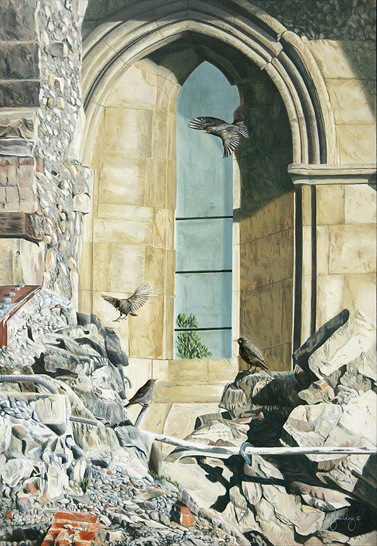 An oil painting of a group of blackbirds enjoying playing amongst the rubble which is all that remains of Christchurch Cathedral following the 2011 earthquake by artist Fiona Goulding.