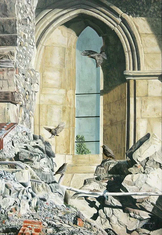 An oil painting of a group of blackbirds enjoying playing amongst the rubble which is all that remains of Christchurch Cathedral following the 2011 earthquake by artist Fiona Goulding.