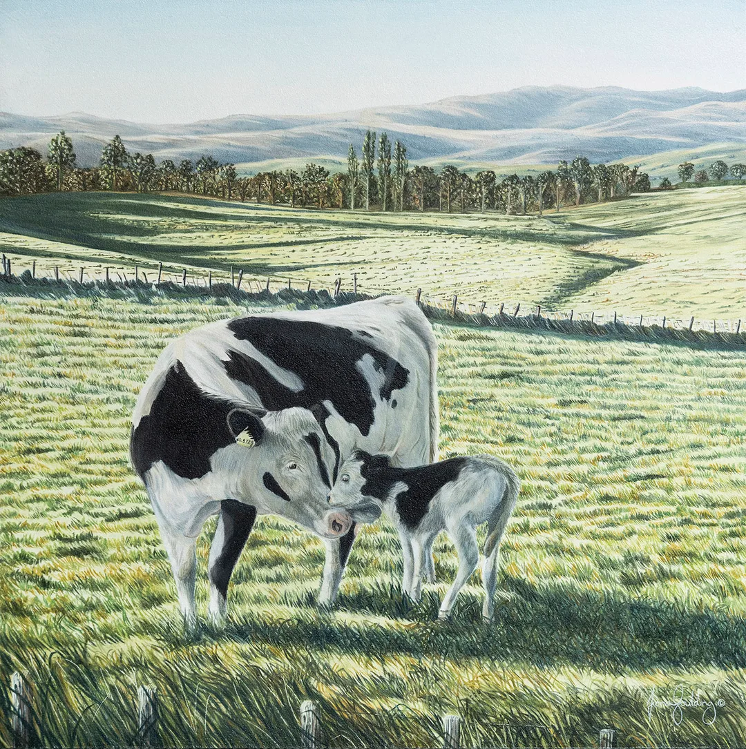 A realistic fine art painting of a cow and her calf in a wide New Zealand pasture, focusing on farm animal welfare.