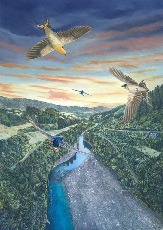 Detailed children's book illustration of Sam the Welcome Swallow on his way to the Dawn Chorus by Fiona Goulding.