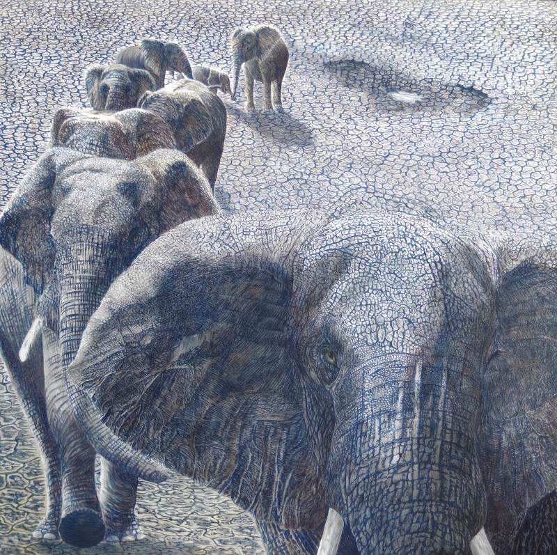 An evocative painting of an elephant family highlighting the vulnerability of wildlife to climate change, by Fiona Goulding.