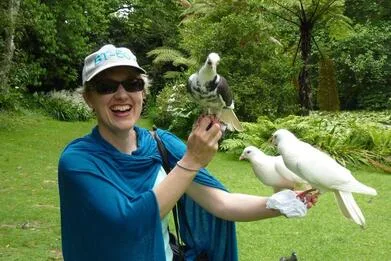 Fiona Goulding enjoying the bird life in a sanctuary.