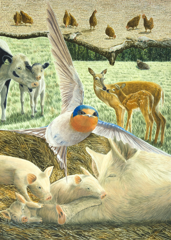 Detailed children's book illustration of the animals living freely by Fiona Goulding