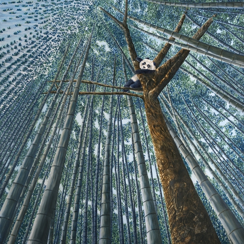An eco-magical realism children's book illustration by Fiona Goulding, depicting a giant panda and the threat of rising climate-induced floods reshaping its forest habitat.