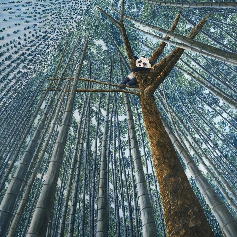 An eco-magical realism children's book illustration by Fiona Goulding, depicting a giant panda and the threat of rising climate-induced floods reshaping its forest habitat.
