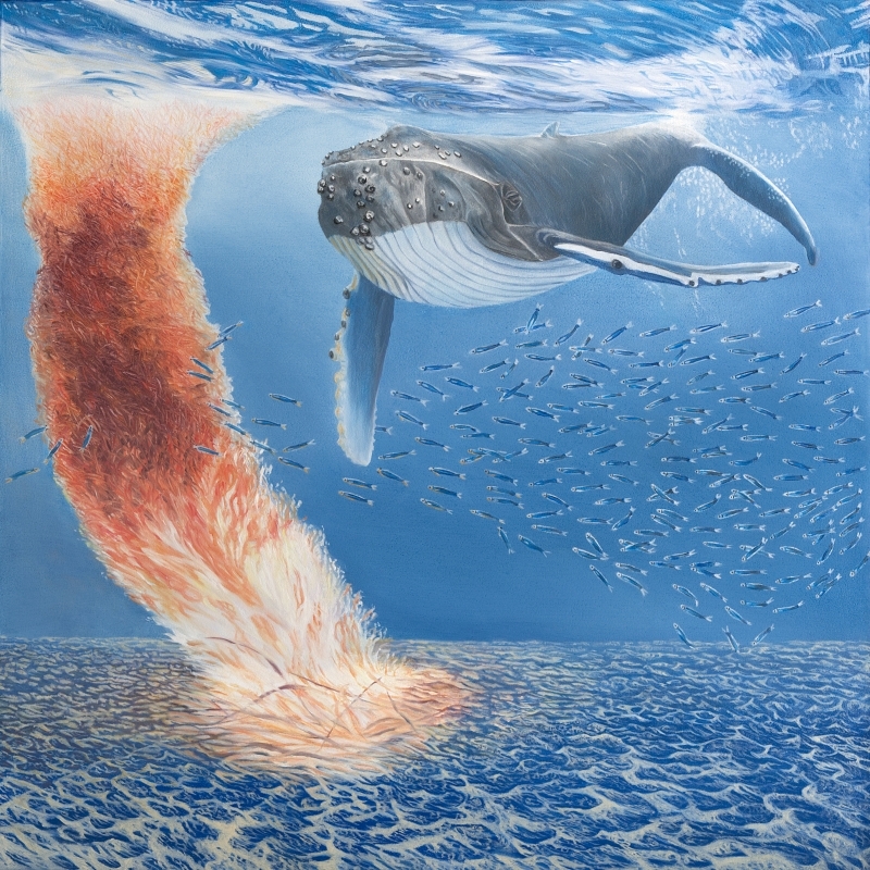 An eco-magical realism children's book illustration by Fiona Goulding, depicting a humpback whale navigating warming oceans.