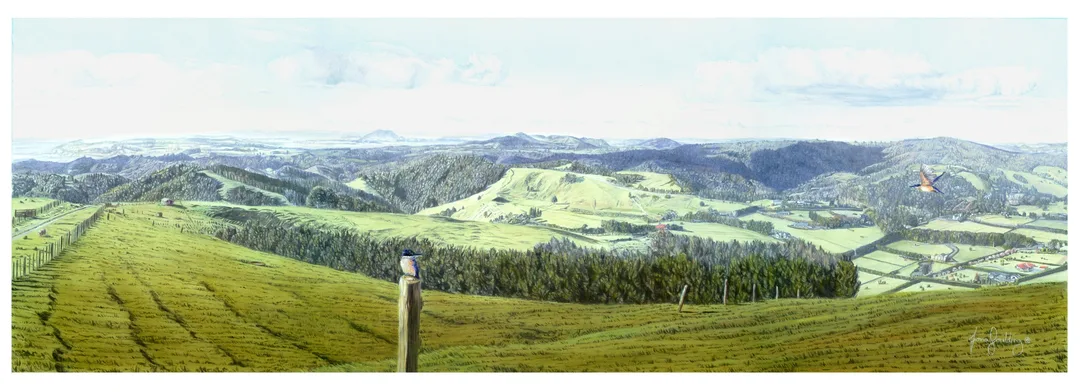 An oil painting of one Kingfisher waiting for another on the top of Maunu Hill near Whangarei in Northland by artist Fiona Goulding.