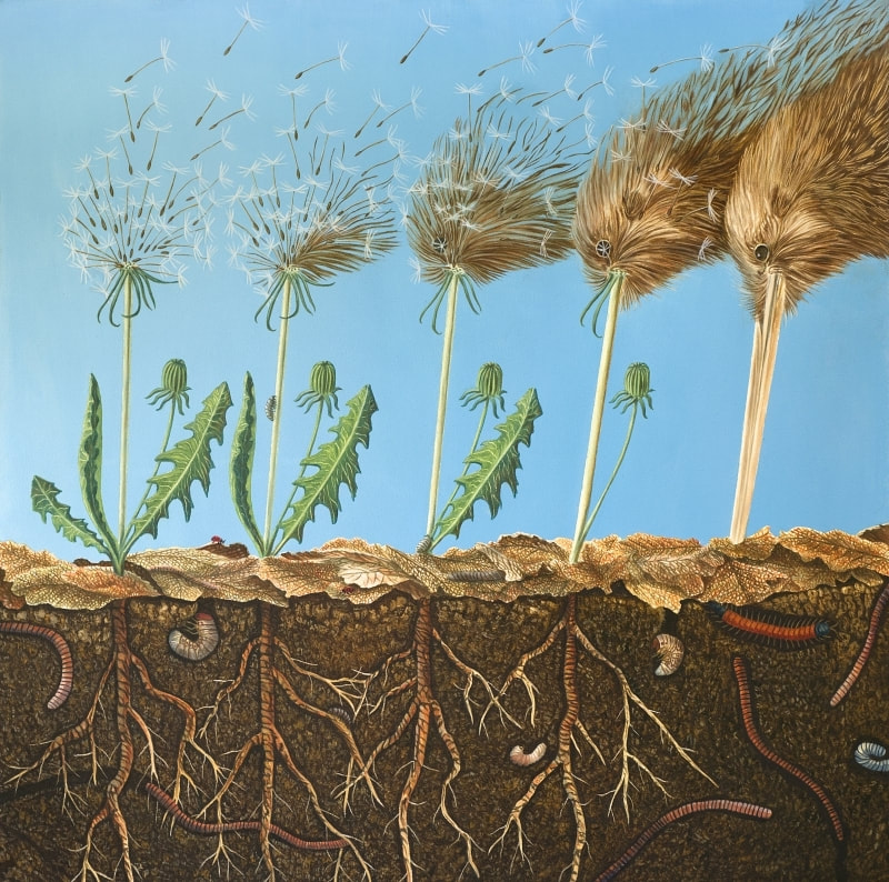 An eco-magical realism illustration from Because We Love by Fiona Goulding, depicting a native New Zealand kiwi bird delicately metamorphosing into a fragile dandelion stem to symbolize wildlife vulnerability.