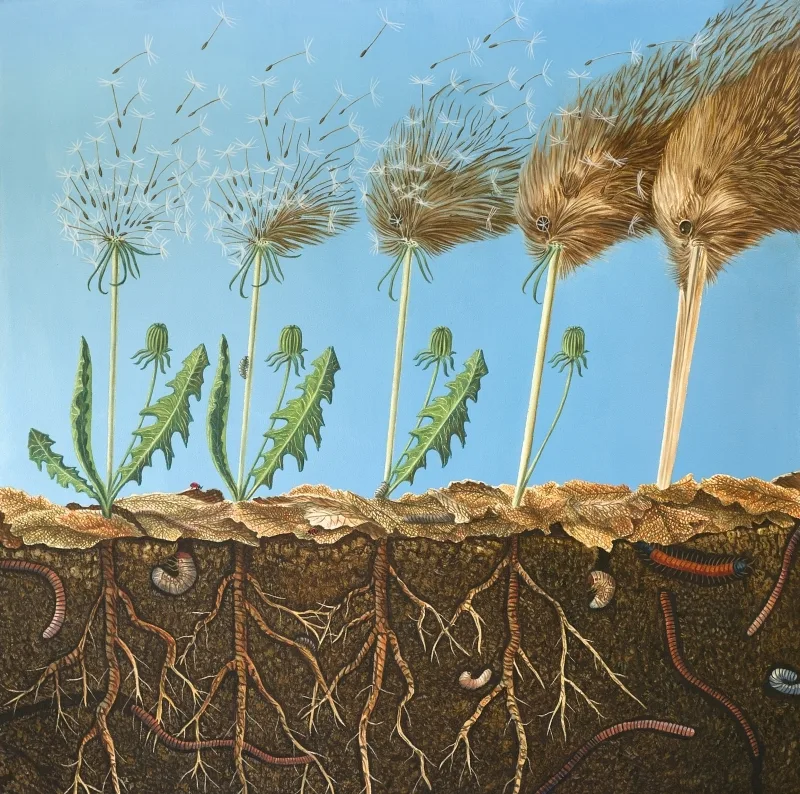 An eco-magical realism illustration from Because We Love by Fiona Goulding, depicting a native New Zealand kiwi bird delicately metamorphosing into a fragile dandelion stem to symbolize wildlife vulnerability.