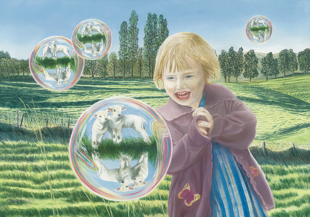 A compassionate animal welfare painting of gentle lambs reflected in soap bubbles and the joy of a young girl, highlighting animal welfare.