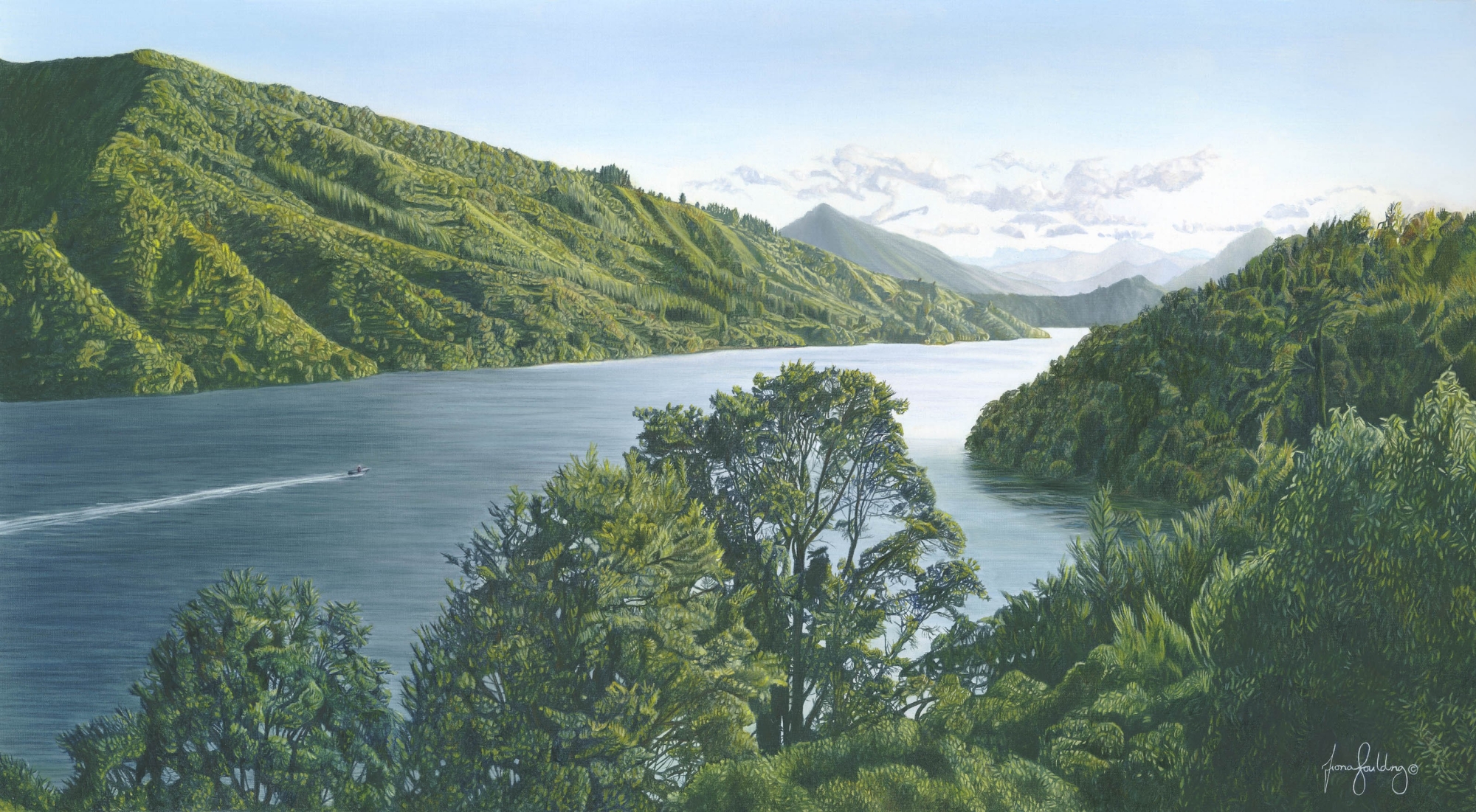 An oil painting of the peninsula stretching into the distance at Mahau Sounds as eight promontories can be seen from this vantage point by artist Fiona Goulding.