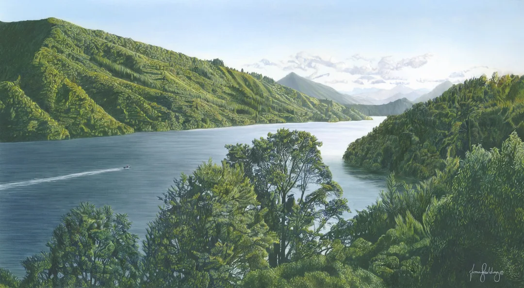 An oil painting of the peninsula stretching into the distance at Mahau Sounds as eight promontories can be seen from this vantage point by artist Fiona Goulding.