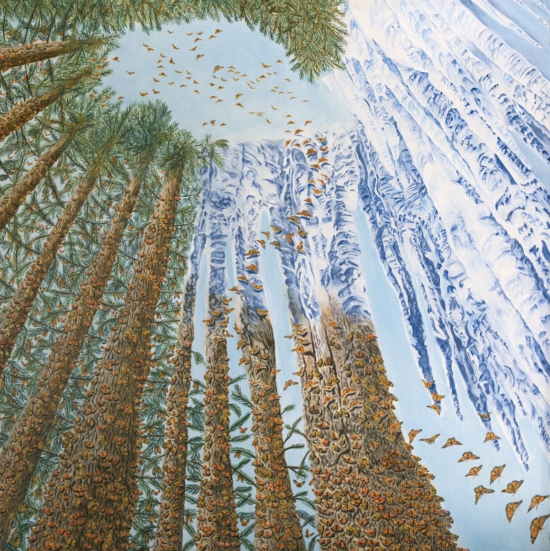 An eco-magical realism children's book illustration by Fiona Goulding, depicting monarch butterflies whose very method of survival is being rewritten by climate change.