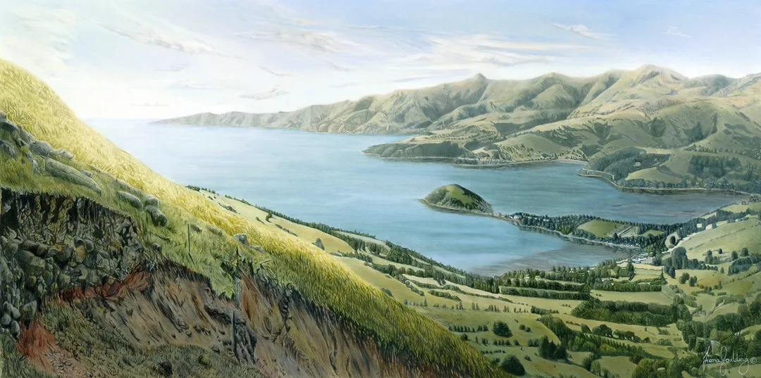 An oil painting of the Onawe peninsula which is a volcanic plug near Akaroa on the Banks Peninsula by artist Fiona Goulding.