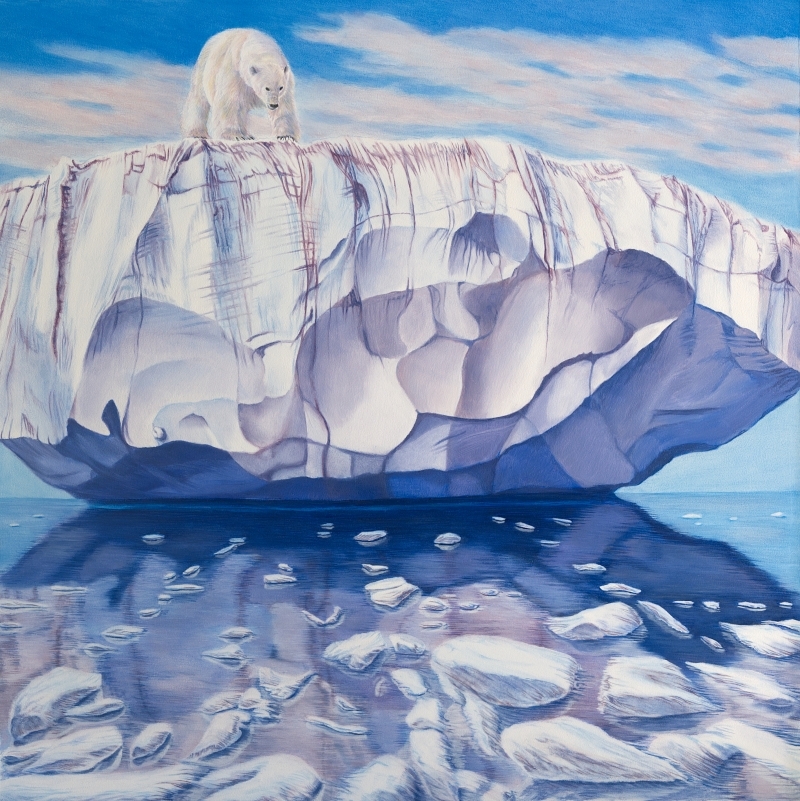 An eco-magical realism children's book illustration by Fiona Goulding, depicting a polar bear facing a future where these magnificent animals will be nothing more than a memory.