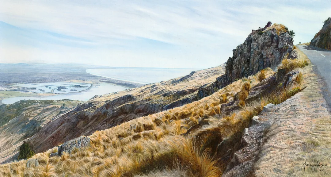 An oil painting of the morning sun casting shadows as it rises near the Port Hills, Christchurch, Canterbury by artist Fiona Goulding.