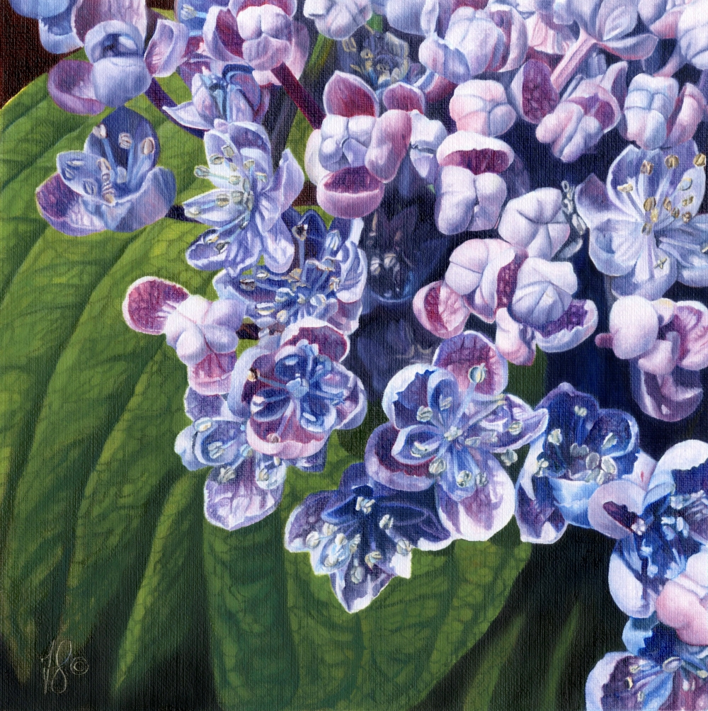 An oil painting of small cluster of blue flowers bursting into the sunlight by artist Fiona Goulding.