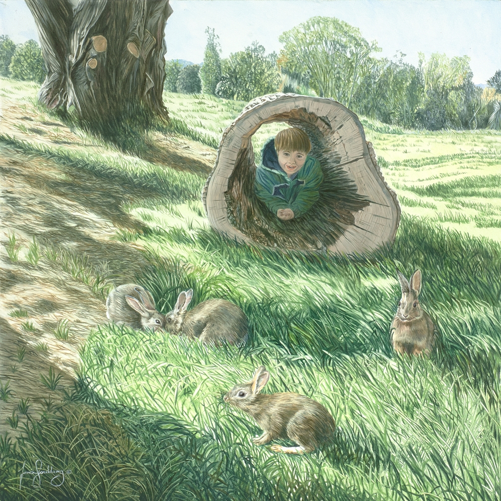 A delicate nature realism painting showing wild rabbits among long grass in a countryside meadow watched by a young boy.
