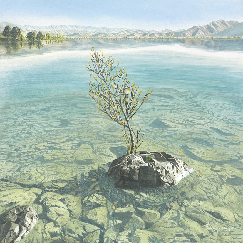 An oil painting of a Welcome Swallow resting in the branches of a small tree clinging resolutely to a rock on Lake Benmore near Oamaru in the South Island of New Zealand by artist Fiona Goulding.