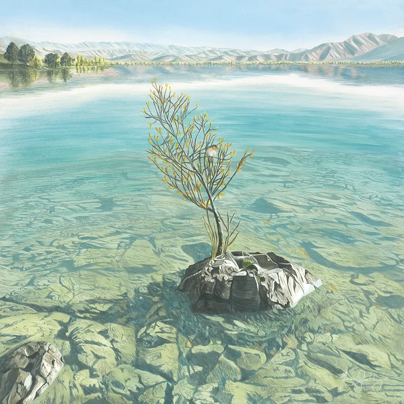 An oil painting of a Welcome Swallow resting in the branches of a small tree clinging resolutely to a rock on Lake Benmore near Oamaru in the South Island of New Zealand by artist Fiona Goulding.