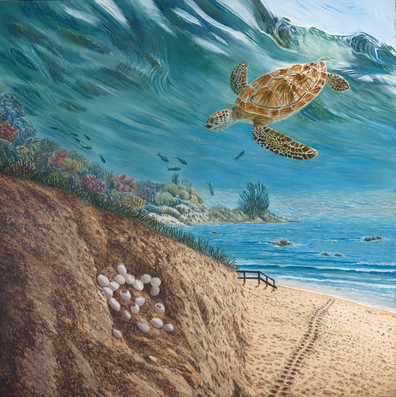 An imaginative underwater illustration of a sea turtle swimming through an interconnected ocean world, by Fiona Goulding.