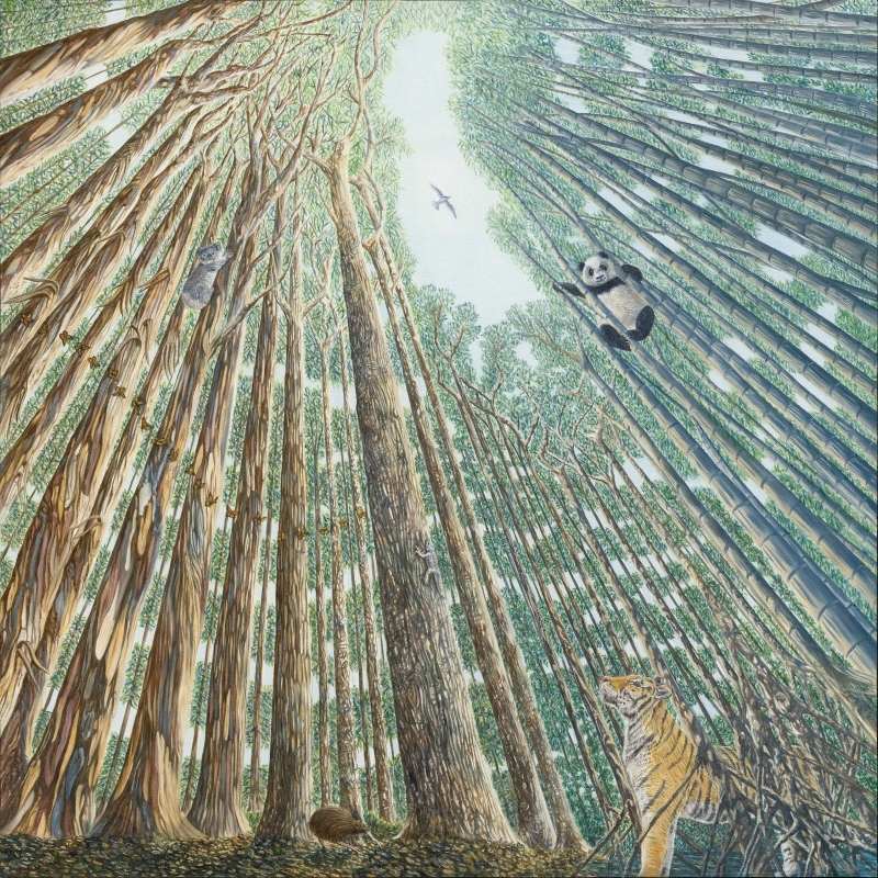 Eco-magical realism oil painting of a New Zealand Fairy Tern, Giant Panda, Koala, Bengal Tiger, Tuatara, Kiwi and Monarch Butterflies by artist Fiona Goulding.