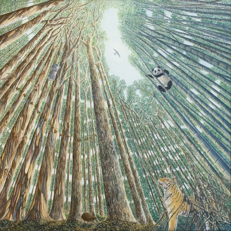 Eco-magical realism oil painting of a New Zealand Fairy Tern, Giant Panda, Koala, Bengal Tiger, Tuatara, Kiwi and Monarch Butterflies by artist Fiona Goulding.