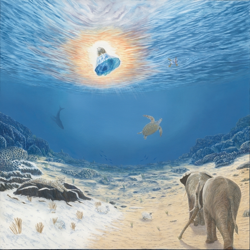 Eco-magical realism oil painting of a Polar Bear, Puffin, Sea Turtle, Humpback Whale, Snow Leopard, Snowshoe Hares and Elephants by artist Fiona Goulding.