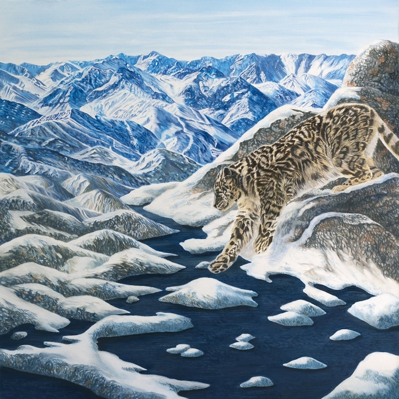 An eco-magical realism children's book illustration by Fiona Goulding, depicting native wildlife navigating a changing environment with shrinking mountains.