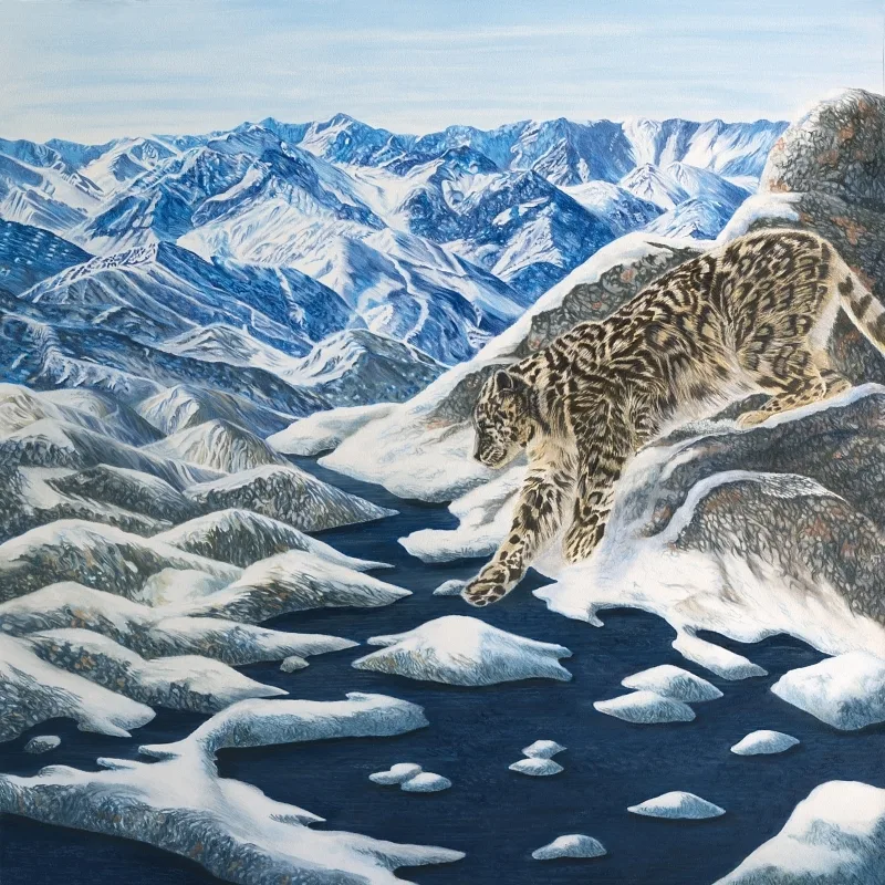 An eco-magical realism children's book illustration by Fiona Goulding, depicting native wildlife navigating a changing environment with shrinking mountains.